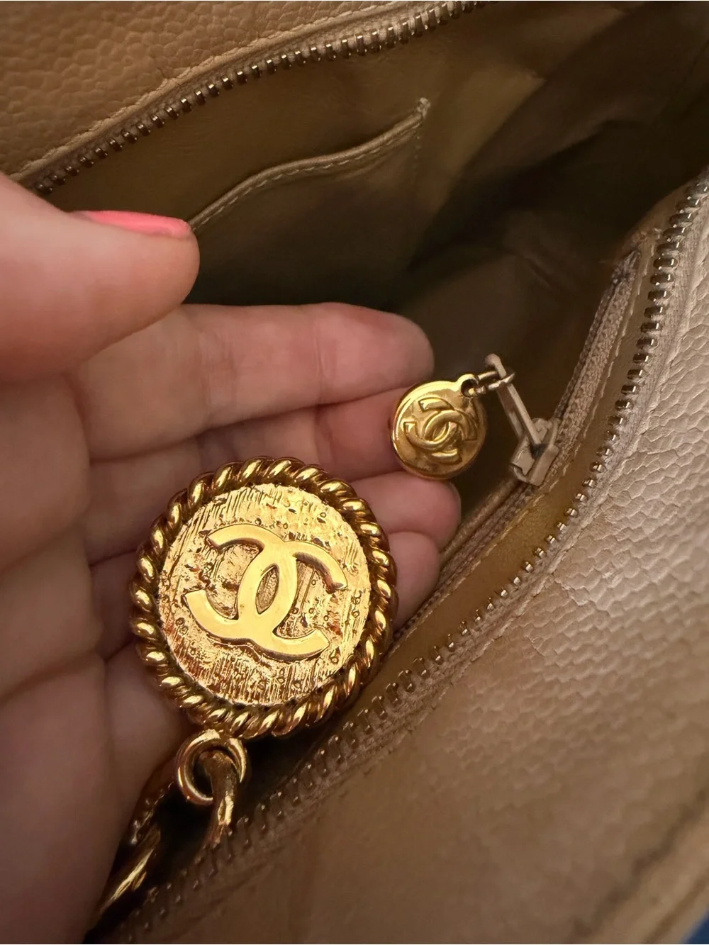 CHANEL Medallion Tote Bag Beige Caviar Leather Large CC Logo